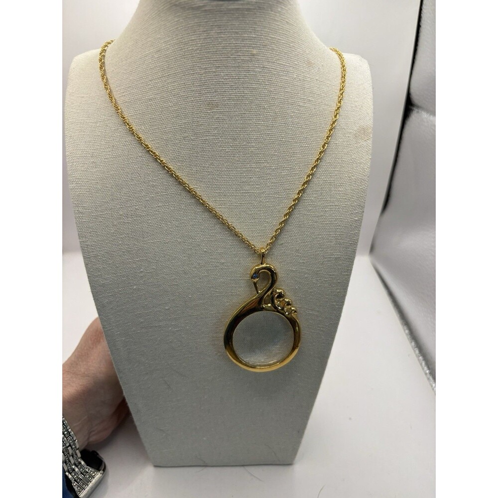 Avon Gold Tone Blue Eye Swan Bird Magnifying Glass 32" Necklace Jewelry Vintage - Picture 4 of 6